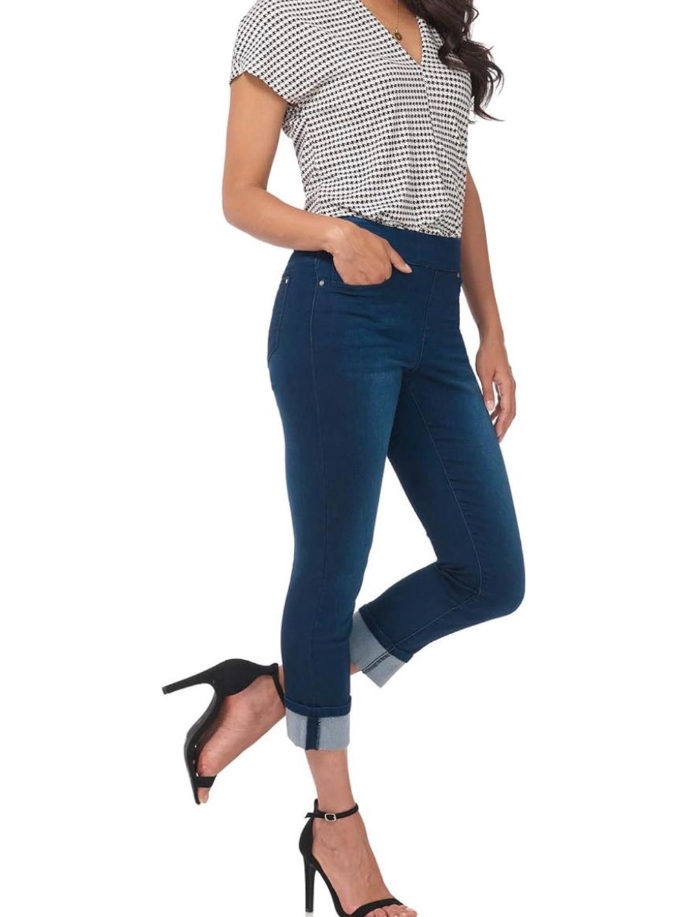 Women's Pull-On Slim Fit Cropped Stretch Jeans with Cuff in Ink Blue
